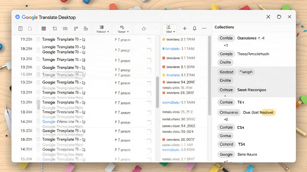 一张 Google Translate Desktop 历史记录与收藏夹界面的图片,画面左侧为按时间排序的翻译历史列表,右侧为收藏夹面板,面板中显示多条带标签的译文条目,背景为浅色木质桌面,风格为清爽素雅风,细节清晰,画质干净,无多余元素