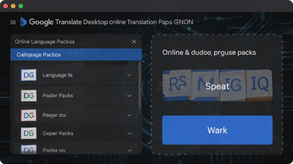 一张 Google Translate Desktop 离线翻译包管理与语音朗读功能的示意图,画面中展示离线语言包列表和发音按钮,背景为深色科技感界面,风格为现代扁平化设计,细节清晰,画质干净,无多余元素