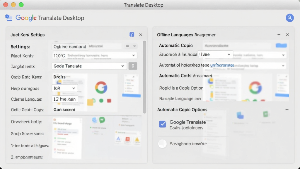 一张展示 Google Translate Desktop 设置界面的图片,画面中包含快捷键设置、离线语言包管理、自动复制选项等面板,背景为浅灰色,风格为简洁商务风,细节清晰,画质干净,无多余元素