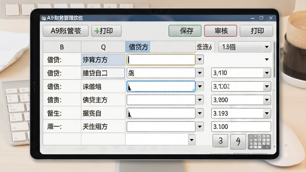 一幅展示A9财务管理软件凭证录入界面的图片,画面主体为一张电子记账凭证表格,表格内有多行借贷方科目与金额输入框,界面顶部有保存、审核、打印等操作按钮,背景为浅色办公桌面,风格为专业财务软件截图风格,细节包含光标闪烁的输入框、下拉选择箭头、数字键盘图标,画质清晰,干净,无多余元素