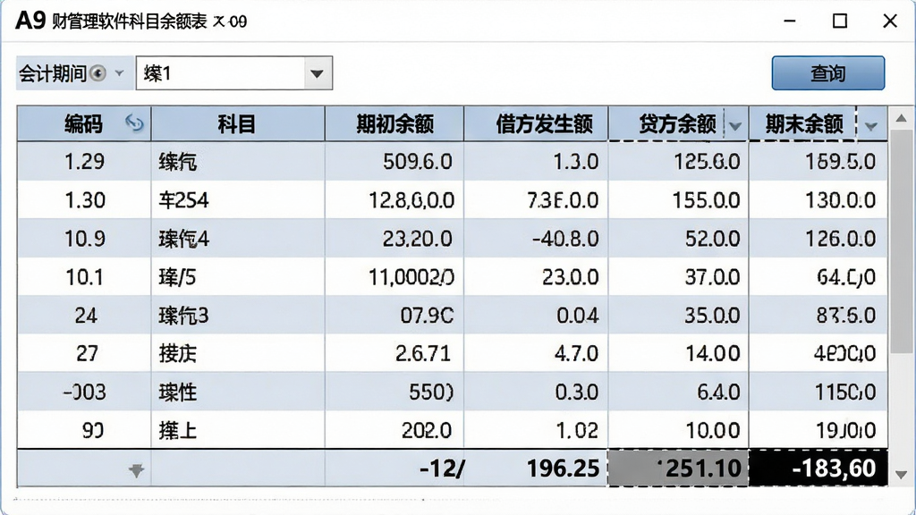一幅展示A9财务管理软件科目余额表界面的图片,画面主体为一张包含科目编码、科目名称、期初余额、借方发生额、贷方发生额、期末余额等列的数据表格,表格行交替底色,顶部有会计期间选择下拉框与查询按钮,风格为严谨的财务数据报表界面,细节包含数字对齐、合计行加粗、冻结窗格线,画质清晰,干净,无多余元素