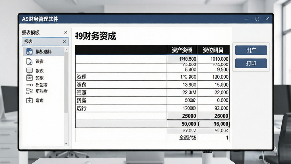 一幅展示A9财务管理软件财务报表生成界面的图片,画面主体为一张资产负债表表格,表格内填有具体数字,界面左侧有报表模板选择列表,右侧有导出与打印按钮,背景为简洁的办公环境,风格为现代企业财务软件界面,细节包含表头加粗、单元格边框、数据右对齐,画质清晰,干净,无多余元素