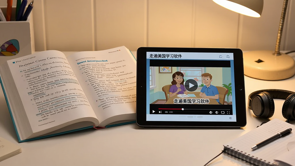 画面中展示一本翻开的英语教材与平板电脑并排摆放,平板屏幕上显示“走遍美国学习软件”的视频播放界面,旁边有耳机和笔记本,背景是温馨的书桌场景,暖色调光线,突出学习氛围,细节丰富,画质清晰干净
