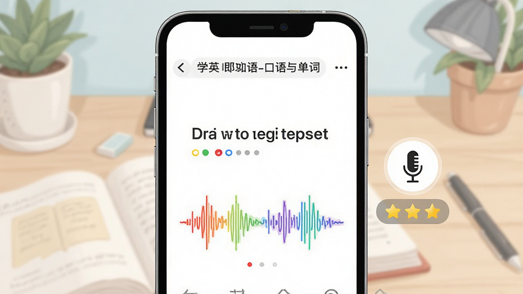 一张展示“学英语-口语与单词”软件口语跟读功能的界面截图风格插画,画面主体是手机屏幕,屏幕中显示一句英文句子和彩色发音波形,旁边有麦克风图标和评分星级,背景是柔和的学习桌面,风格简洁现代,细节清晰,画质干净,无多余元素