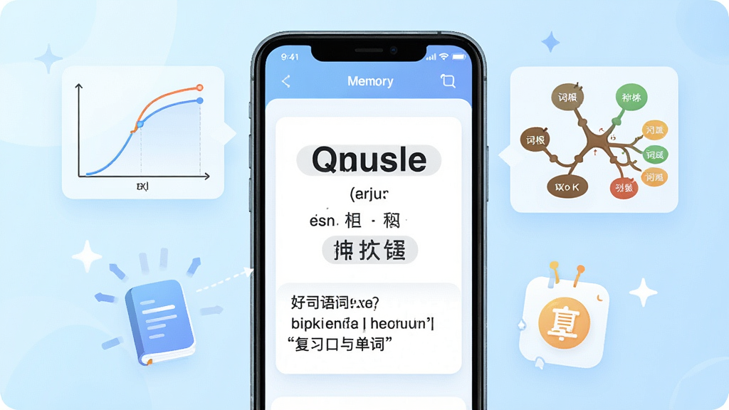 一张展示“学英语-口语与单词”软件单词记忆功能的插画,画面中央是手机屏幕显示单词卡片,卡片上有英文单词、音标、中文释义和例句,周围漂浮着记忆曲线图表、词根树状图和复习提醒图标,背景是淡蓝色渐变,风格清爽简约,细节丰富,画质清晰,无多余元素
