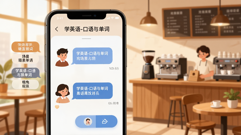 一张展示“学英语-口语与单词”软件场景对话功能的插画,画面中手机屏幕显示两个人物对话气泡,场景是咖啡厅点餐,屏幕旁边有场景标签和角色切换按钮,背景是咖啡厅环境插画,风格温暖明亮,细节清晰,画质干净,无多余元素