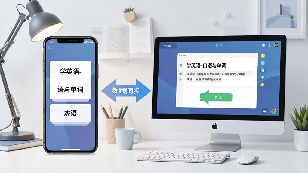 一张展示“学英语-口语与单词”软件在手机和电脑上同时运行的场景插画,画面左侧是手机显示单词卡片,右侧是电脑显示口语评测界面,中间有数据同步箭头,背景是整洁的书桌,风格现代科技感,细节清晰,画质干净,无多余元素