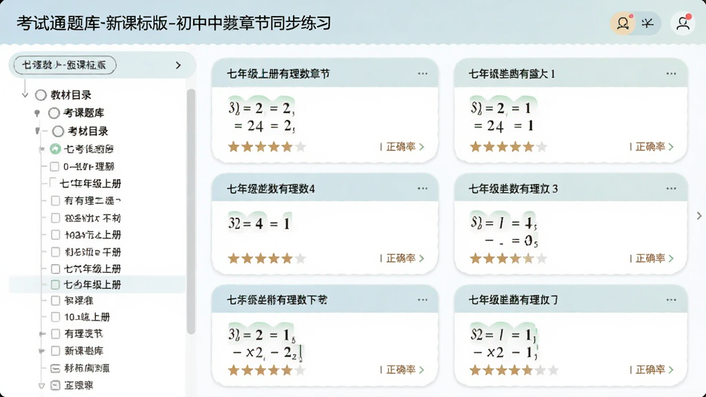 ����ͨ���-�¿α�������ѧ�½�ͬ����ϰ���棬����չʾ������ѧ���꼶�ϲ��������½ڵ���ϰ���б������Ϊ�̲�Ŀ¼�����Ҳ�Ϊ��Ŀ��Ƭ��ÿ�����ע�Ѷ��Ǽ�����ȷ�ʣ�������ɫ��ͣ����������������Ű����������ʸɾ����޶���Ԫ��