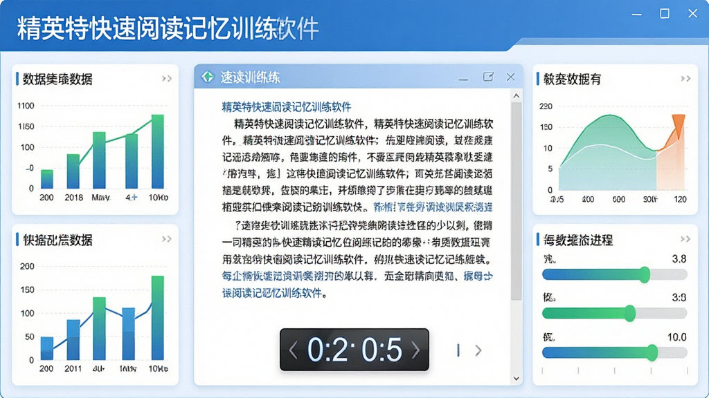 精英特快速阅读记忆训练软件训练界面截图风格,画面中央展示速读训练文章与计时器,周围环绕数据图表和进度条,布局为上下结构,风格为清爽教育科技风,细节包含