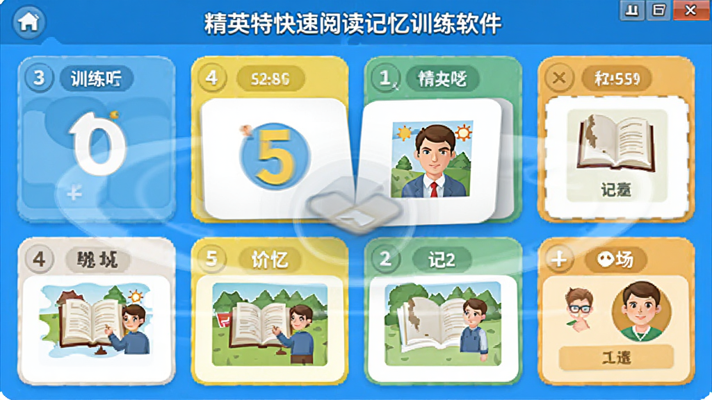 精英特快速阅读记忆训练软件记忆训练模块界面,主体为记忆卡片翻转动画展示,布局为网格状排列,风格为活泼明快教育风,细节包含数字与图像记忆元素,画质高清干净无多余装饰