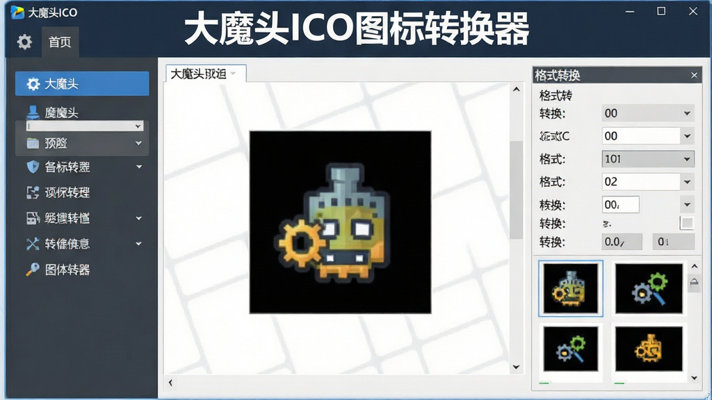 一张展示“大魔头ICO图标转换器”软件界面的图片,画面中央是软件主窗口,左侧为功能导航栏,右侧显示图标预览区域和格式转换参数设置面板,窗口上方有“大魔头ICO图标转换器”标题文字,整体布局清晰,排版整洁,风格为现代扁平化软件界面设计,细节包括按钮、下拉菜单、尺寸选择框和预览缩略图,画质高清,干净,无多余元素