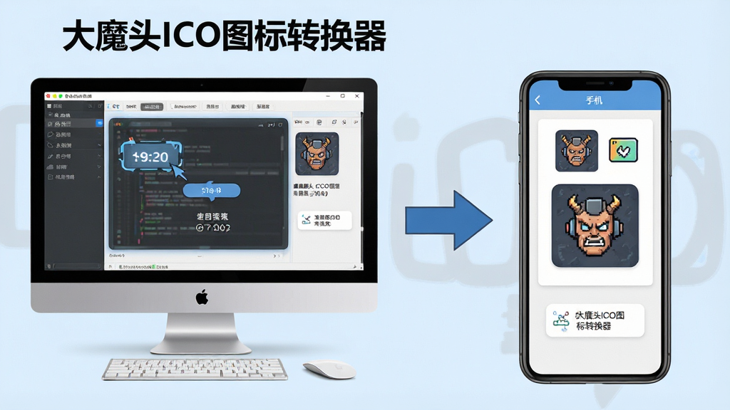 一张展示“大魔头ICO图标转换器”使用教程的图片,画面分为左右两部分,左侧为电脑端软件操作界面截图,右侧为手机端图标转换示意图,中间有箭头连接,背景为淡蓝色,风格为教程信息图设计,细节包括操作步骤标注和图标预览效果,画质高清,干净,无多余元素