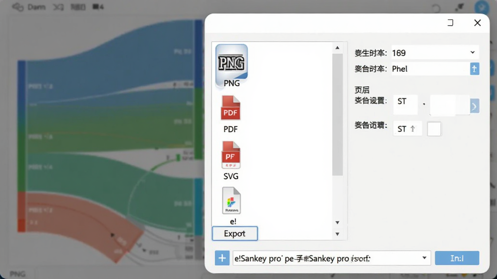 e!Sankey pro ����ѡ��Ի����б�����ʾ PNG��PDF��SVG �ȸ�ʽͼ�꣬�Ҳ��зֱ�����ҳ������ѡ�����Ϊɣ��ͼԤ�������Ϊ�ִ��������棬ϸ�ڰ���������ť���ļ�·�����������������ɾ����޶���Ԫ��