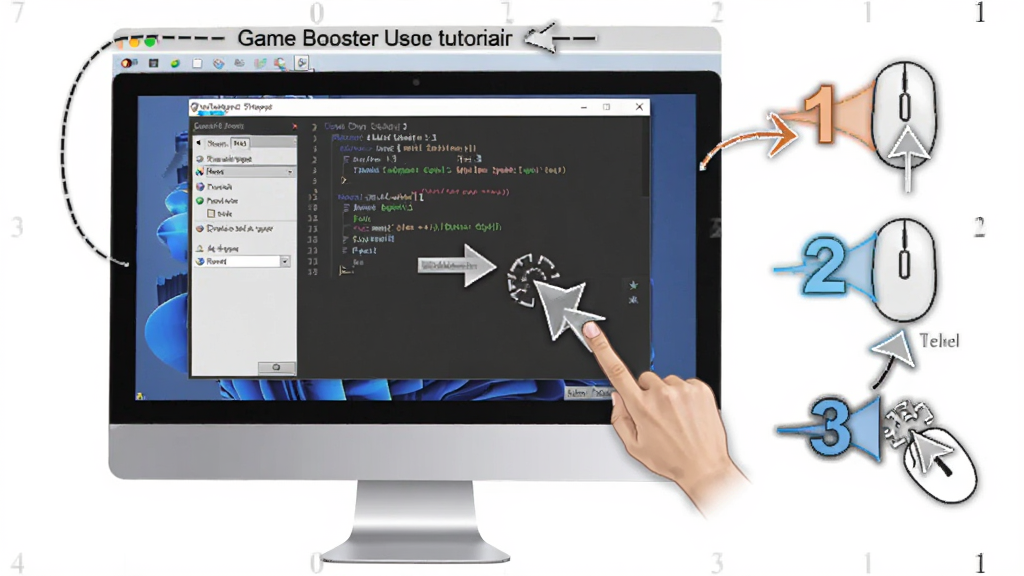 一张展示Game Booster使用教程的图片,主体是一台电脑屏幕显示软件操作步骤截图,屏幕旁边有手指点击鼠标的示意图,布局为屏幕居中,步骤编号1、2、3依次排列,风格为教程图解风格,细节包括软件界面截图和操作箭头,画质高清,干净,无多余元素