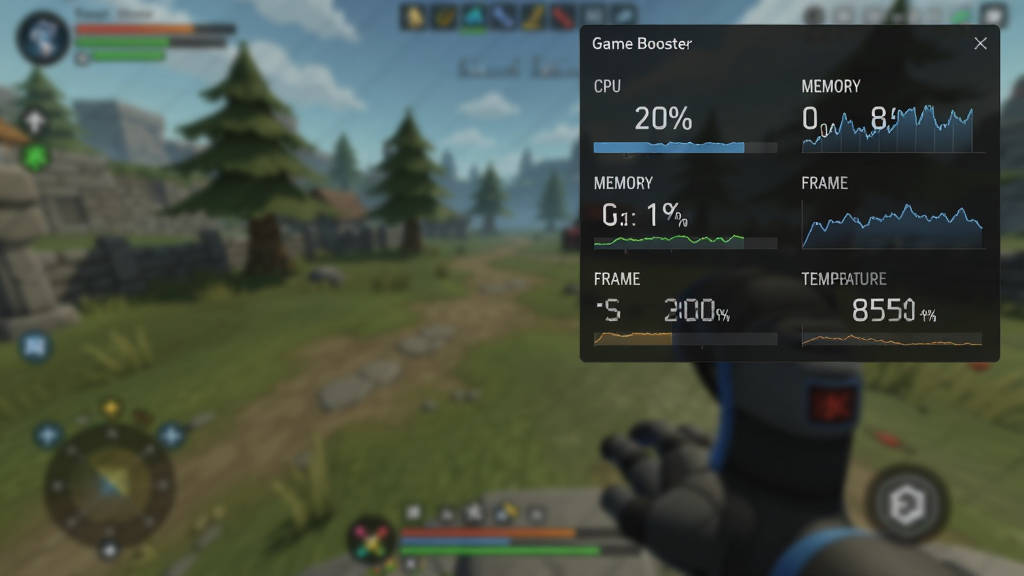 一张展示Game Booster游戏内监控悬浮窗的图片,主体是一个半透明的深色悬浮窗显示在游戏画面右上角,悬浮窗内显示CPU使用率、内存占用、帧率和温度等数据,布局为悬浮窗占据画面一角,背景是模糊的游戏场景,风格为简约HUD风格,细节包括数字和图表的清晰显示,画质高清,干净,无多余元素