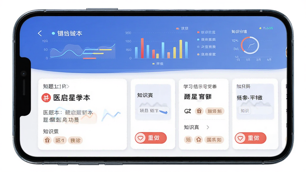 ҽ���Ǵ��Ȿ���ܽ��棬����Ϊ�ֻ���Ļ�еĴ����б�������Ϊ���½ṹ���Ϸ���ͳ��ͼ�����·��Ǵ��⿨Ƭ���Ű����������Ϊѧϰ������App���棬ϸ�ڰ�����ɫ�����ǡ�������ť��֪ʶ���ǩ�����ʸ��塢�ɾ����޶���Ԫ��