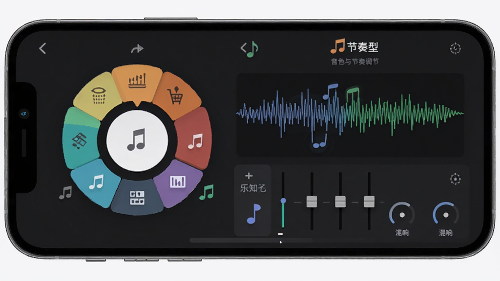 乐知己 音色与节奏型调节界面,主体为手机屏幕上的音色选择轮盘与节奏型波形图,布局采用悬浮式UI设计,排版清晰展示各类乐器图标,风格为扁平化音乐制作软件界面,细节包含音符跳动、音轨推子、混响参数,画质高清,干净,无多余元素