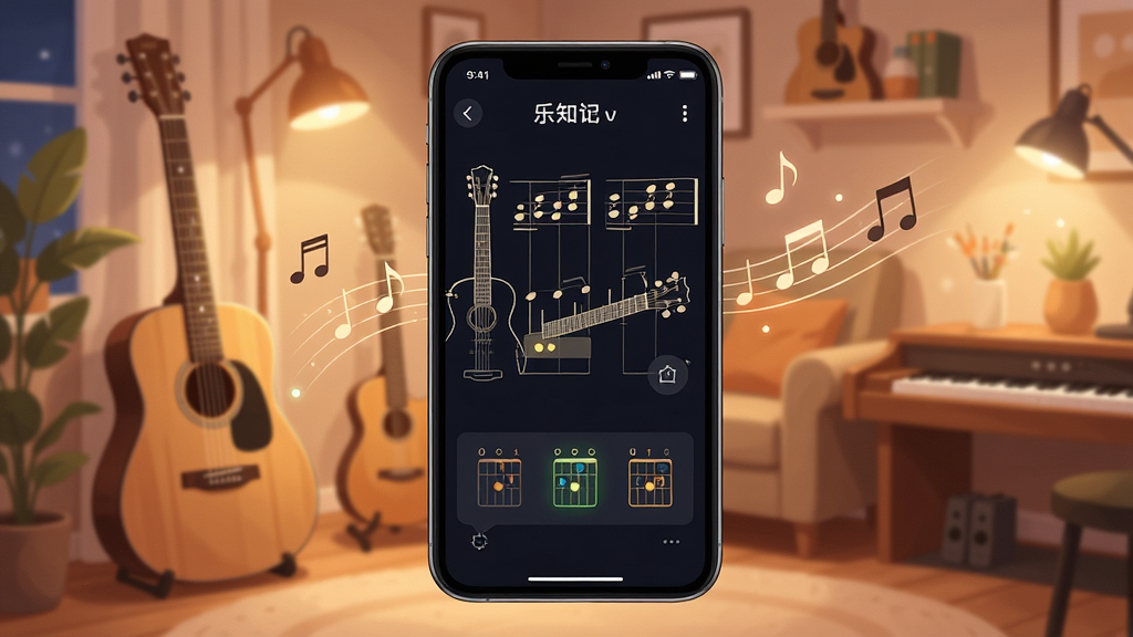 乐知己 智能吉他应用界面展示,主体为一部智能手机屏幕显示吉他曲谱与和弦指示灯,布局采用居中构图,背景为温馨的居家音乐角,排版突出手机屏幕内容,风格为现代科技与音乐结合的插画风,细节包含吉他轮廓、音符元素、柔和的灯光指引,画质高清,干净,无多余元素