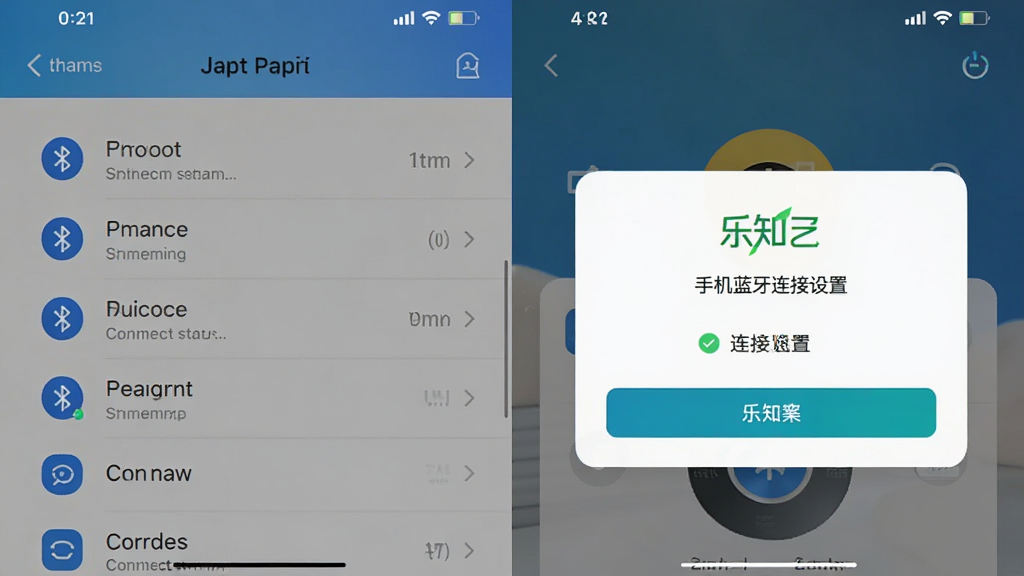 乐知己 手机蓝牙连接设置界面,主体为手机设置菜单与乐知己APP配对弹窗,布局采用左右分屏对比,排版左侧为系统蓝牙列表右侧为APP连接成功提示,风格为手机UI截图风格,细节包含蓝牙图标、设备名称、连接状态勾选,画质高清,干净,无多余元素