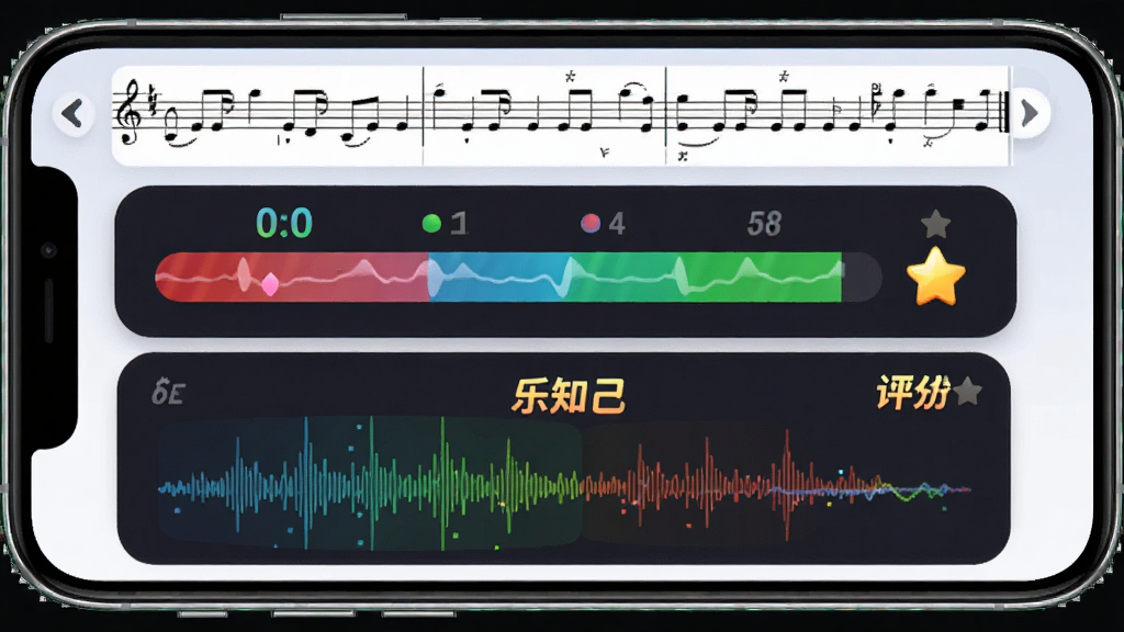乐知己 实时练习评分界面,主体为手机屏幕显示音符准度条与得分星级,布局采用上下分栏,排版上方为曲谱滚动条下方为评分面板,风格为游戏化UI设计,细节包含音准波形对比、连击数字、彩色反馈光效,画质高清,干净,无多余元素