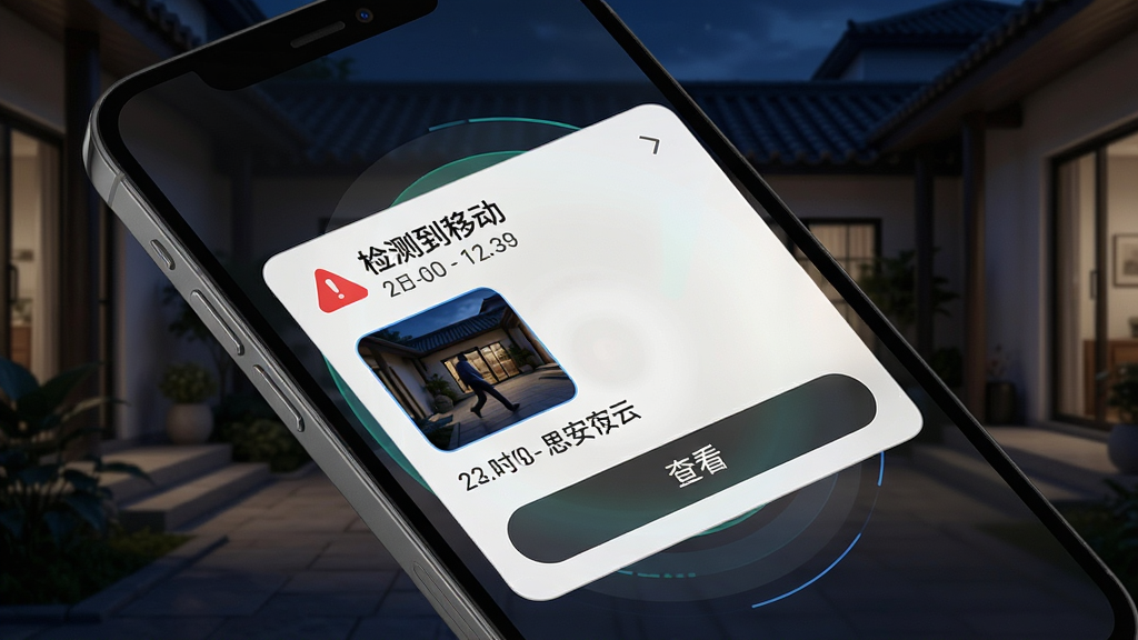 һ��չʾ��˼�����ơ����ܸ澯���ܵ�ͼƬ�������������ֻ���Ļ�����澯֪ͨ��Ƭ����Ƭ����ʾ����⵽�ƶ�������������ͼ��������ҹ����ͥԺ���������ֲ��öԽ��߹�ͼ�����дʵ�ҿƼ���ǿ��ϸ�ڰ�����ɫ�澯ͼ�ꡢʱ����Ϣ��鿴��ť�����ʸ��壬�ɾ����޶���Ԫ�ء�