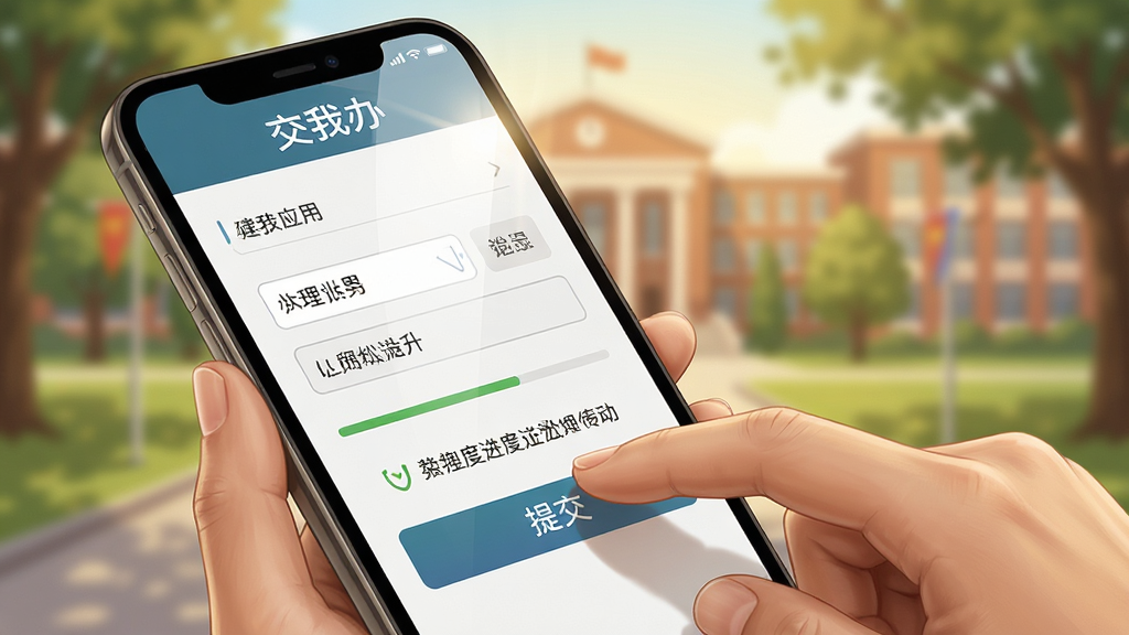���Ұ�Ӧ�����ֻ��ϵĲ������棬����չʾ�û�����ʹ�ý��Ұ����ҵ����ָ�����Ļ�ϵ��ύ��ť���ֻ���Ļ�пɼ�������дҳ��ͽ�����ʾ������Ϊģ����У԰�������н�ѧ¥����ľ����������ͼ������д�ӽǣ�ͻ���ֻ���Ļ����ָ���������Ϊдʵ�廭��ɫ����ů��ϸ����������Ļ����ͽ���Ԫ�ء����ʸ��壬����ɾ����޶���Ԫ�ء�