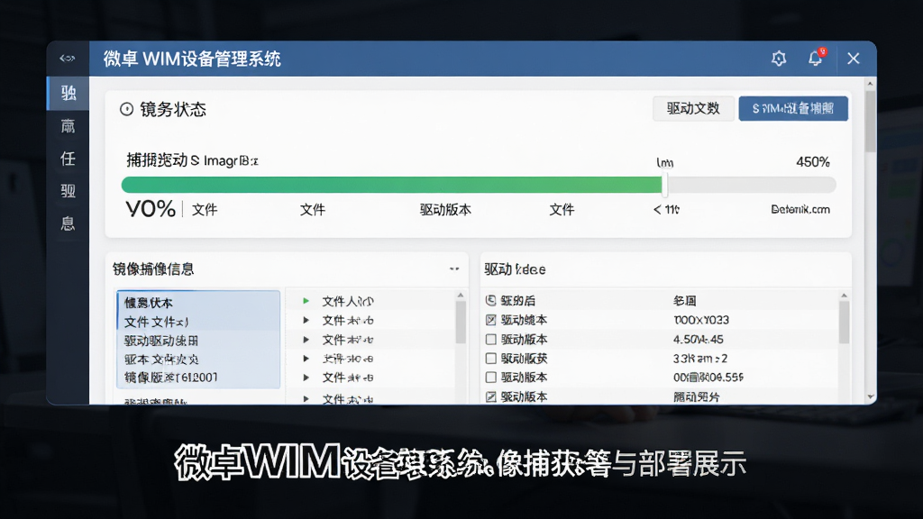 ΢׿WIM�豸����ϵͳ���񲶻��벿����չʾͼ������Ϊ������������������ִ�о��񲶻�����Ľ�����壬���ֲ������½ṹ���Ϸ�Ϊ����״̬����������·�Ϊ������Ϣ�������б����Ű������ˣ����Ϊ�ִ�����UI��ƣ�ϸ�ڰ������Ȱٷֱȡ��ļ���С�������汾�ŵ�Ԫ�أ����ʸ���ɾ��޶�������װ��