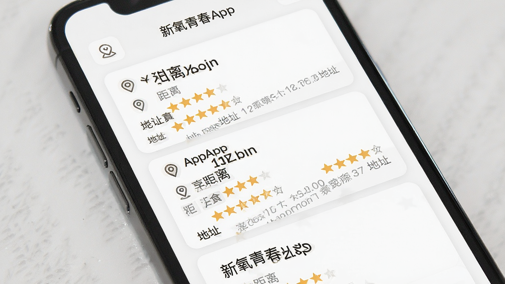 һ��չʾ�����ഺApp�ŵ��б�ҳ���ͼƬ����������Ϊ�ֻ���Ļ����Ļ����ʾ���������Ƭ��ÿ����Ƭ�����������ơ����롢���ֺ͵�ַ��Ϣ������Ϊ�����б����Ű����룬������¼�Լ��ϸ�ڰ�����λͼ�ꡢ�Ǽ����֡���ɫ����˵�������ʸ��壬�ɾ����޶���Ԫ�ء�