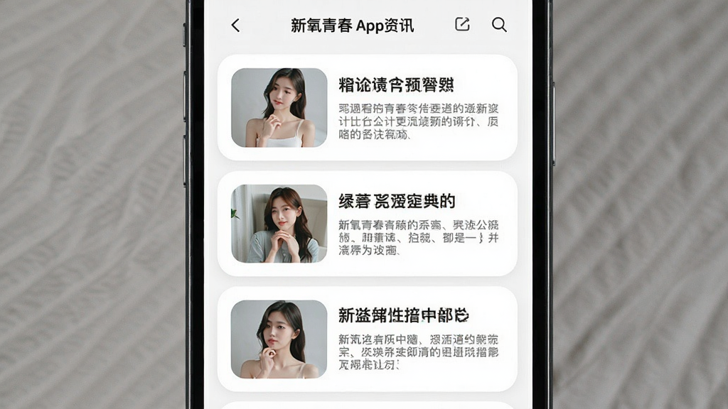 һ��չʾ�����ഺApp��Ѷҳ���ͼƬ���ֻ���Ļ����ʾ�����б���ÿƪ������������ͼ�ͱ��⡣����Ϊ����Ƭ�����Ű����ʣ�����Ķ��Ѻã�ϸ�ڰ���Բ��ͼƬ����ɫ�������֡���ɫժҪ�����ʸ��壬�ɾ����޶���Ԫ�ء�