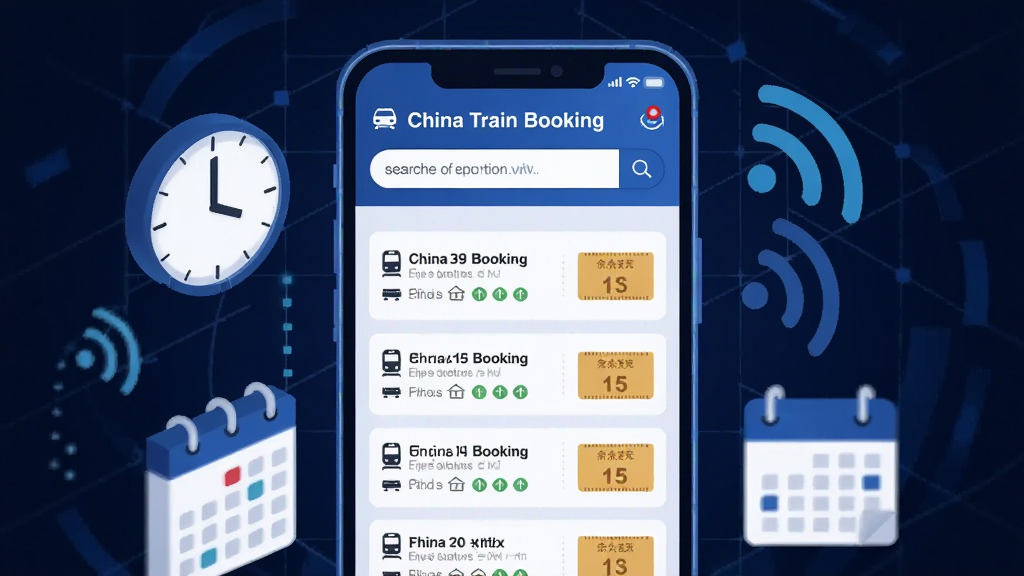 һ�����ֿƼ����Ĳ廭������������һ���޴�������ֻ�����Ļ����ʾ�š�China Train Booking�����������棬�ж���г�����б�����Ʊ״̬ͼ�꣬��Χ������ʱ�ӡ���������˸���źŲ���Ԫ�أ�����Ϊ����ɫ�Ƽ������񣬷�����ִ�������������������Ԫ��
