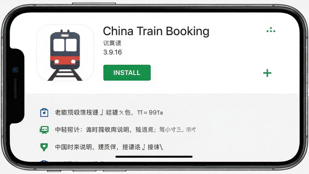 һ���ֻ�Ӧ���̵���Ľ�ͼչʾͼ�����������ǡ�China Train Booking����Ӧ������ҳ����ʾ�汾��3.9.16���·��а�װ��ť��Ȩ��˵���б�������Ϊǳ��ɫ����������񣬸ɾ��������޶���װ��