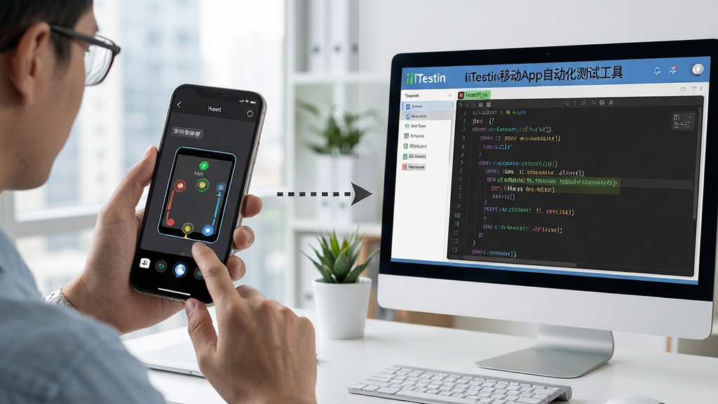 һ��չʾiTestin�ƶ�App�Զ������Թ��߿�ƽ̨¼�ƹ��ܵ�AI��ͼ�����������һλ������Ա�ֳ��ֻ����в������Ҳ��ǵ�����Ļͬ����ʾ�������ɵĲ��Խű����룬�м������߼�ͷ���ӱ�ʾ����ͬ������Ļ�������ɼ���iTestin�ƶ�App�Զ������Թ��ߡ�����������Ϊ���ҷ����Ա�ʽ�����Ϊ�ִ��칫дʵ�磬ϸ�ڰ����ֻ���Ļ�ϵĵ���켣�������и������豸�ͺű�ǩ�ȣ������������ɾ����࣬�޶���Ԫ��
