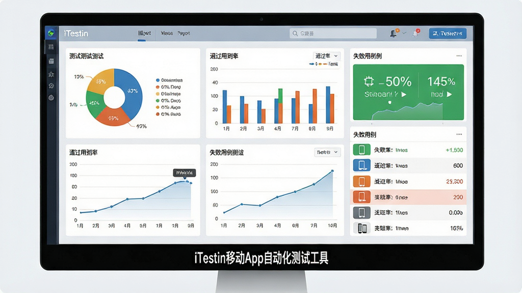 һ��չʾiTestin�ƶ�App�Զ������Թ��߲��Ա�������AI��ͼ������������һ�����Ļ��ʾ������Ļ����ʾ��ɫ�ʷ����Ĳ��Ա����Ǳ��̣�������ͼ����״ͼ��ͨ���ʰٷֱȺ�ʧ�������б�����Ļ�·��С�iTestin�ƶ�App�Զ������Թ��ߡ���ʶ������Ϊ����չʾʽ�����Ϊ���ݿ��ӻ�����磬ϸ�ڰ���ͼ����ǩ���������ߡ��豸ͼ��ȣ���������������ɾ����޶���Ԫ��
