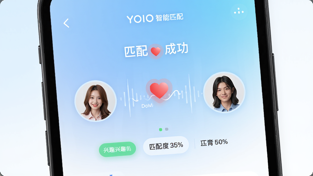 YOIO��������ƥ��ҳ�棬�ֻ���Ļ��ʾ�����û�ͷ��ͨ�������������ӣ�����Ϊǳ��ɫ����ɫ����ͽ��䣬������ƥ��ɹ��������Ķ�ͼ�꣬���Ϊ�����罻Ӧ�ý��棬ϸ�ڰ�����Ȥ��ǩ������ƥ��Ȱٷֱȣ����ʸ��壬�ɾ����޶���Ԫ��