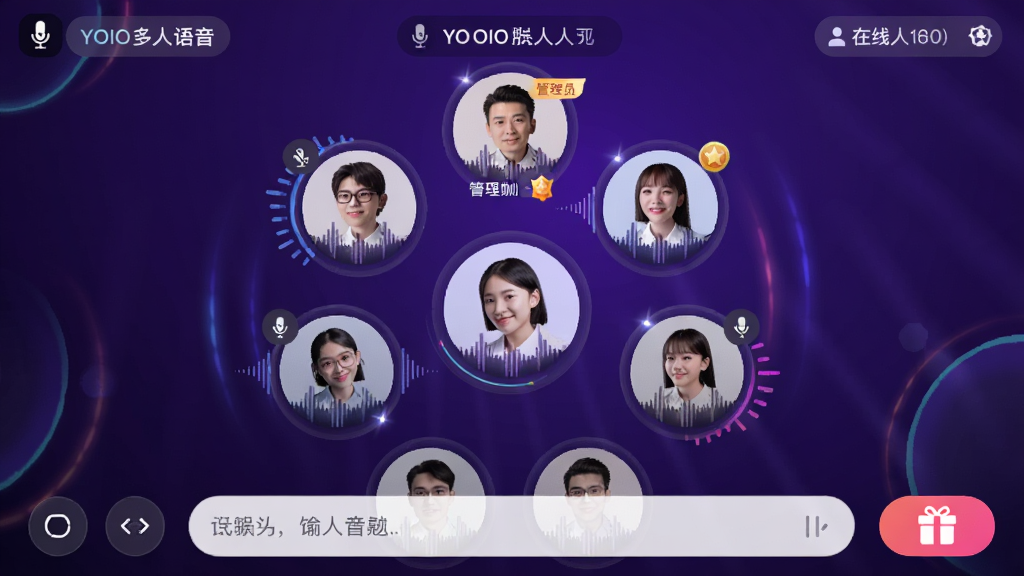 YOIO������������������棬��������ΪԲ����λ���У�ÿ����λ��ʾ�û�ͷ����������̬������Ϊ����ɫ���䣬������ʾ���������������������ײ�����������������ﰴť�����Ϊ�ִ��罻Ӧ��UI��ϸ�ڰ���������ʶ������Ա�����붯̬��Ч�����ʸ��壬�ɾ����޶���Ԫ��