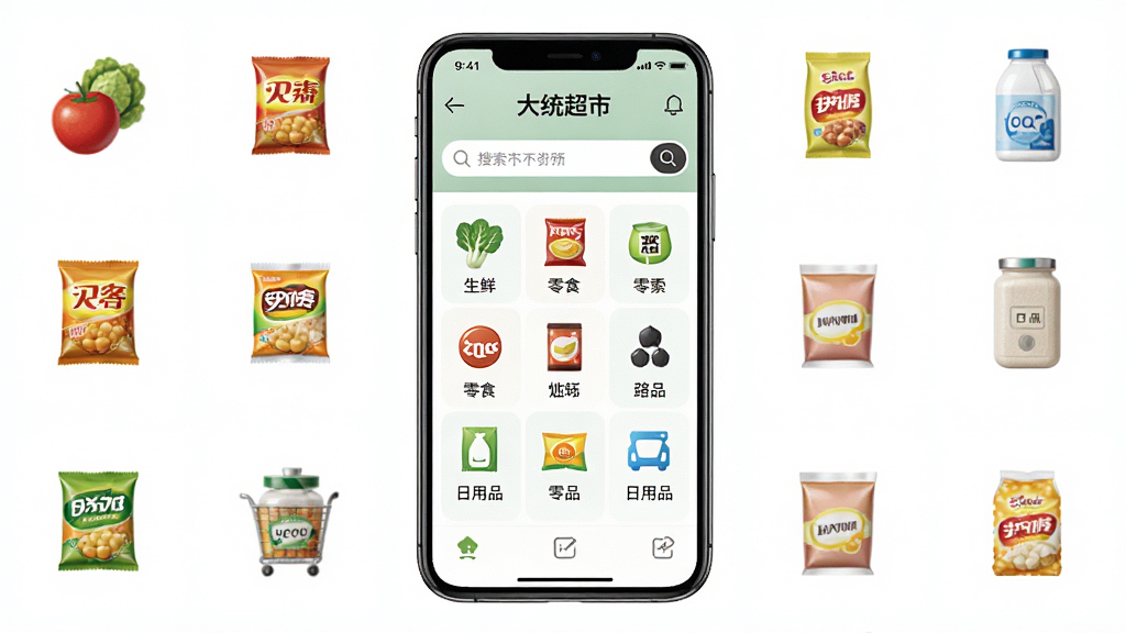���������ǡ���ͳ���С���Ʒ����ҳ�棬����Ϊ�ֻ���Ļչʾ�Ź������ͼ������������Χ���Ƹ�����ƷСͼ�꣬�Ű���������Ϊ���¼�Լ�磬ϸ�ڰ������ʡ���ʳ������Ʒ��ͼ�α�ǩ�����ʸ��塢�ɾ����޶���Ԫ��