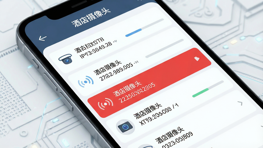 ��������Ϊ�ֻ���Ļ��д����Ļ����ʾ���Ƶ�����ͷ��APP���豸ɨ���б����б��а�������豸���ƺ�IP��ַ������һ�б���ɫ������ǣ�����Ϊǳɫ�Ƽ����������ֲ��öԽ��߹�ͼͻ���ֻ���Ļ�����Ϊ����ƽ���Ƽ��磬ϸ�ڰ����źŲ���ͼ���ɨ�����������������������ɾ����޶���Ԫ��