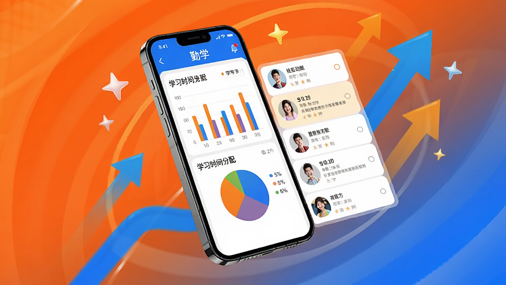 һ��չʾ��ѧ����ͳ�����������ܵ�ͼƬ��������һ���ֻ���Ļ��ʾ����ѧAPP������ͳ��ҳ�棬����״ͼ�ͱ�ͼչʾѧϰʱ����䣬�Ա���������̬�б����ֻ������ڳ��������ĳ�ɫ����ɫ���䱳���У���Χ�������ļ�ͷ������ͼ�꣬���������ϡ������ִ��������������޶���Ԫ��