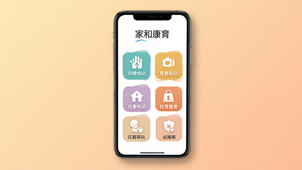 ����Ϊһ�������ֻ�����Ļ����ʾ�żҺͿ���APP����ҳ���棬�����а�����ɩ��ѵ����Ӥ֪ʶ�����������ģ��ͼ�ꣻ���ֲ��þ��з��ã�����Ϊ��͵�ůɫ�����䣻�Ű��࣬�Ϸ����ף��·�����΢����Ӱ��������У����Ϊ�ִ���ƽ���Ƽ��磻ϸ������Ļ��ͼ������������Ϊ���ҺͿ����������ʸ��壬�ɾ����޶���Ԫ�ء�