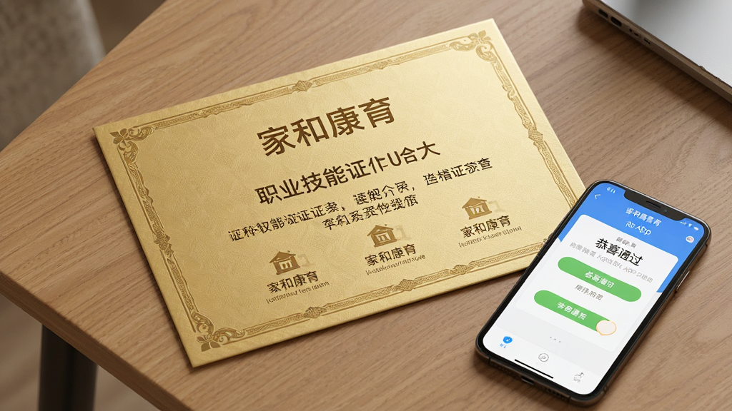 ����Ϊһ�Ž�ɫ��ְҵ����֤�������ľ�������ϣ��Ա���һ���ֻ���ʾ�ҺͿ���APP��֤���ѯҳ�棻����Ϊ֤��ռ�ݻ������ģ��ֻ�λ�����½ǣ��Ű�������£����Ϊ�����ʵ��Ӱ��ϸ����֤����ӡ�С��ҺͿ������������ֻ���Ļ��ʾ����ϲͨ���������ʸ��壬�ɾ����޶���Ԫ�ء�