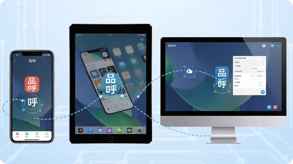һ��չʾƷ��APP���ͬ�����ܵ�����ͼ��������ͬʱ�����ֻ���ƽ��͵��������豸��Ļ����Ļ�ھ���ʾ��Ʒ����Ӧ�ý��棬�豸֮�����������ӱ�ʾͬ��������Ϊǳ��ɫ�Ƽ����ϸ������չʾ�豸�߿��ͬ��ͼ�꣬���ʸ��壬�ɾ����޶���Ԫ��