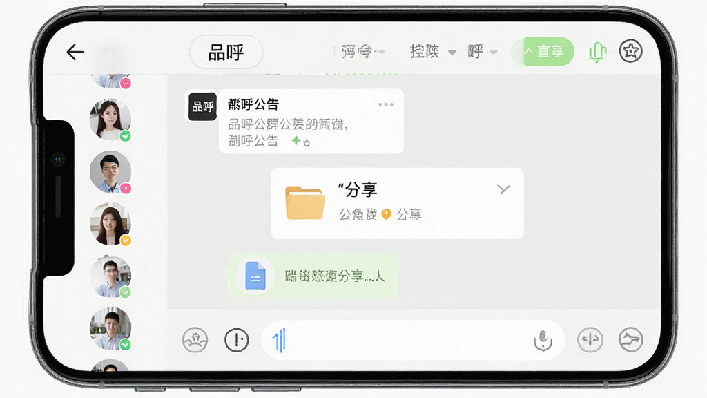 һ��չʾƷ��APPȺ�����������ֻ���ͼ����������ʾ��Ʒ����Ӧ���ڵ�Ⱥ�Ĵ��ڣ�����Ⱥ��Աͷ���б���Ⱥ���桢�ļ�������Ƭ������򣬱���Ϊǳ��ɫ����������࣬ϸ������չʾȺ������ť����Ϣ���ݣ����ʸ��壬�ɾ����޶���Ԫ��