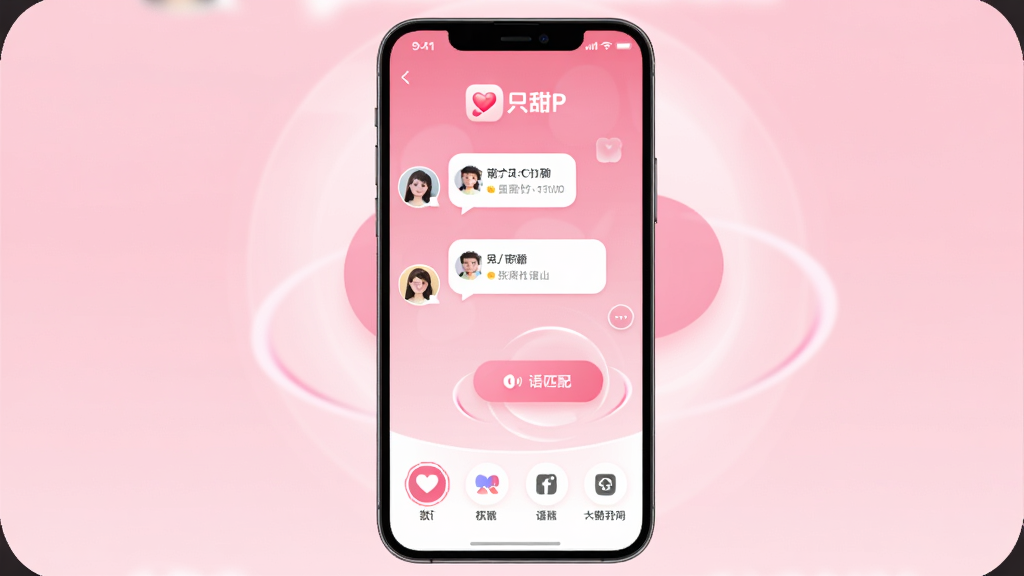 ֻ��APP�ٷ�����ͼ��������һ�������ֻ���Ļ��ʾֻ���罻������棬���������ɫ���䱳�����û�ͷ������������ƥ�䰴ť�����ֲ��þ��д���չʾ���Ű�Ϊ�Ϸ�����Logo���·�����ͼ�����У����Ϊ���������ı�ƽ��UI��ƣ�ϸ�ڰ�����͵ķ�ɫ���Ρ�Բ�ǿ�Ƭ�붯̬ƥ�䲨�ƣ����ʸ���ɾ��޶���Ԫ��
