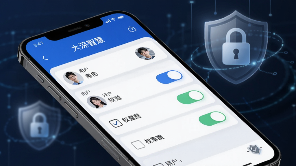 AI����ͼƬ��չʾ�������ǻۡ�APP��Ȩ�޹������棬�ֻ���Ļ��ʾ�û���ɫ�б���Ȩ�޿��ذ�ť�������ж���������ͼ����Լ���֡�����Ϊ�ֻ�������д�����Ϊ��ȫ�Ƽ��У�ϸ�ڰ���Ȩ�޹�ѡ�����û�ͷ�񣬻��ʸ��壬�ɾ��޶���Ԫ�ء�