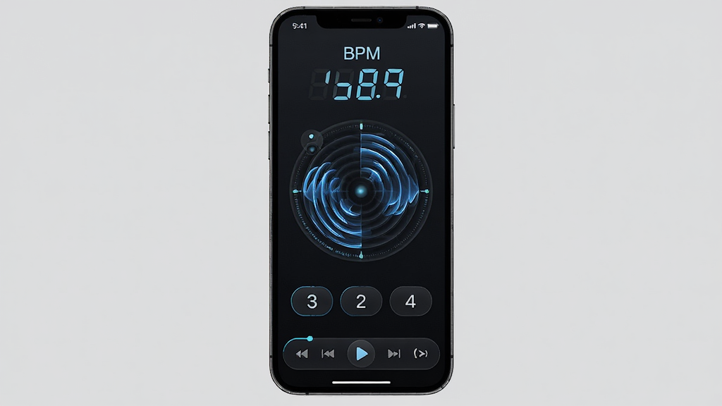 Э���ý��������ܽ��棬����Ϊ�ֻ���Ļ������ʾԲ�ν��Ŀ��ӻ�����������Ϊ�Ϸ�BPM��ֵ���·��ĺ�ѡ��ť���Ű���Գƣ����Ϊ�Ƽ�����ɫ���⣬ϸ�ڰ�����̬���ơ���������Ч����ײ������������ʸ��壬����ɾ����޶���Ԫ��