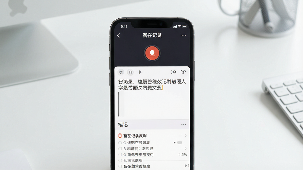 һ��չʾ���ڼ�¼�����������ͼƬ�������������ֻ���Ļ����Ļ����ʾ���ڼ�¼APP��¼��ת���ֽ��棬�����С����ڼ�¼�����ֱ�ʶ���������¼����ť������תд����ͱʼ��б�������Ϊ�ɾ���ǳɫ�칫���棬������ִ���ϸ�����������ʸɾ��޶���Ԫ��