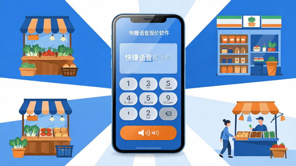 画面主体是一部智能手机,屏幕上显示着快赚语音报价软件的界面,界面上有醒目的数字键盘和语音播报按钮,周围环绕着菜市场摊位、便利店货架和地摊场景的简笔插画。整体布局采用居中构图,手机位于画面正中央,四周元素呈放射状分布。排版简洁,风格偏向扁平化商务插画,色彩以蓝色和橙色为主,细节上手机屏幕有轻微高光,背景干净无杂乱元素。画质清晰,整体干净,无多余元素。