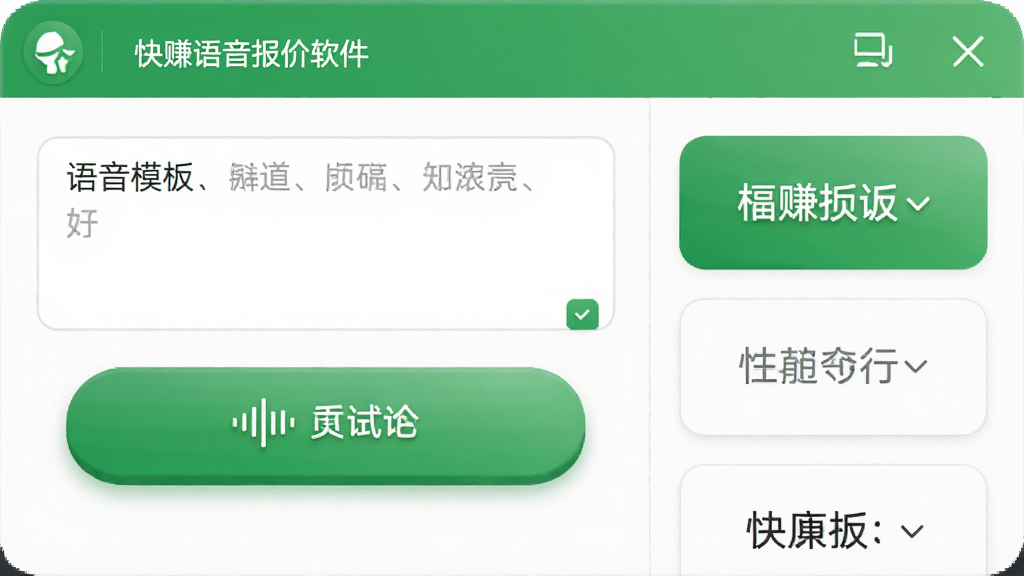 画面主体是快赚语音报价软件的语音模板编辑界面,界面上有文本框和语音试听按钮,旁边有多个模板选项。布局采用上下排列,排版简洁。风格为现代手机应用界面风格,色彩以白色和绿色为主,细节上按钮有立体感。画质清晰,干净,无多余元素。