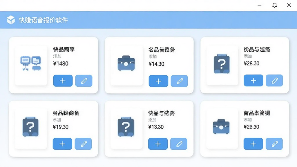 画面主体是快赚语音报价软件的商品管理界面截图风格,界面中排列着多个商品卡片,每个卡片上有商品名称和价格,旁边有添加和编辑按钮。布局采用网格状排列,排版整齐有序。风格为现代扁平化UI设计,色彩以白色和浅蓝色为主,细节上卡片有轻微阴影和圆角。画质清晰,干净,无多余元素。