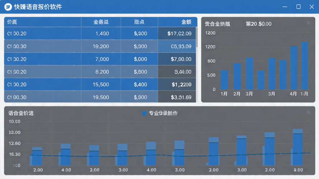 画面主体是快赚语音报价软件的报价记录页面,页面上显示着按时间排列的报价条目和金额汇总数字,旁边有柱状图统计。布局采用上下结构,上方是列表,下方是图表。排版清晰,风格为商务数据可视化风格,色彩以蓝色和灰色为主,细节上数字清晰可辨。画质清晰,干净,无多余元素。